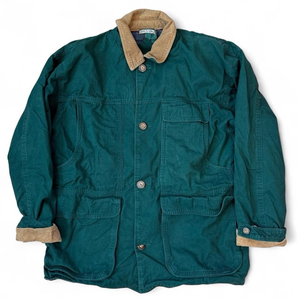 Vintage Outfitters Green Plaid Lined Chore Coat Men's Size Large Corduroy Collar